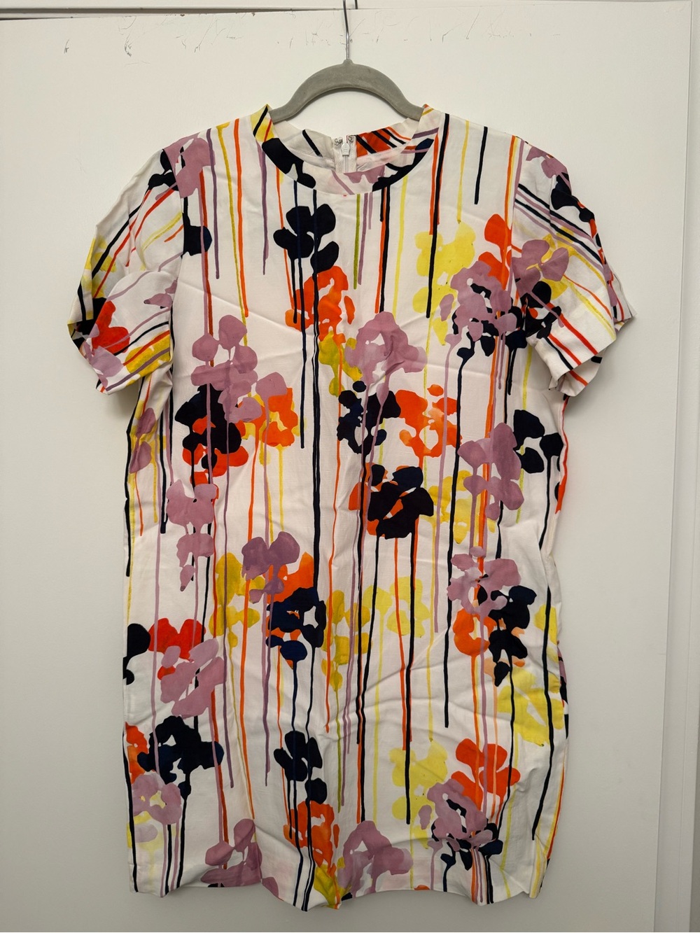COS White Mini Dress with Pink, Orange, Yellow & Navy Floral Stripes